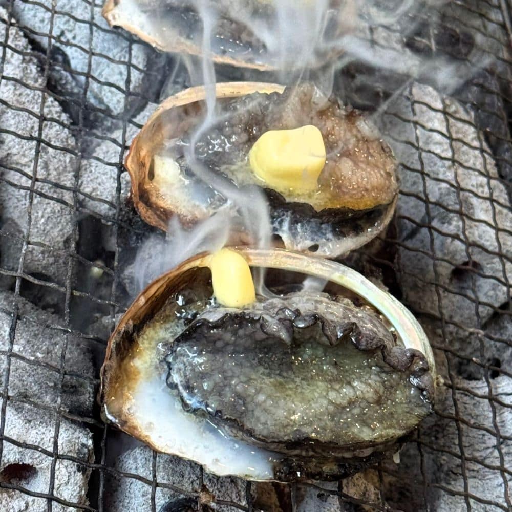 新鮮鮑魚在熱炭燒烤爐上烤至牛油融化。