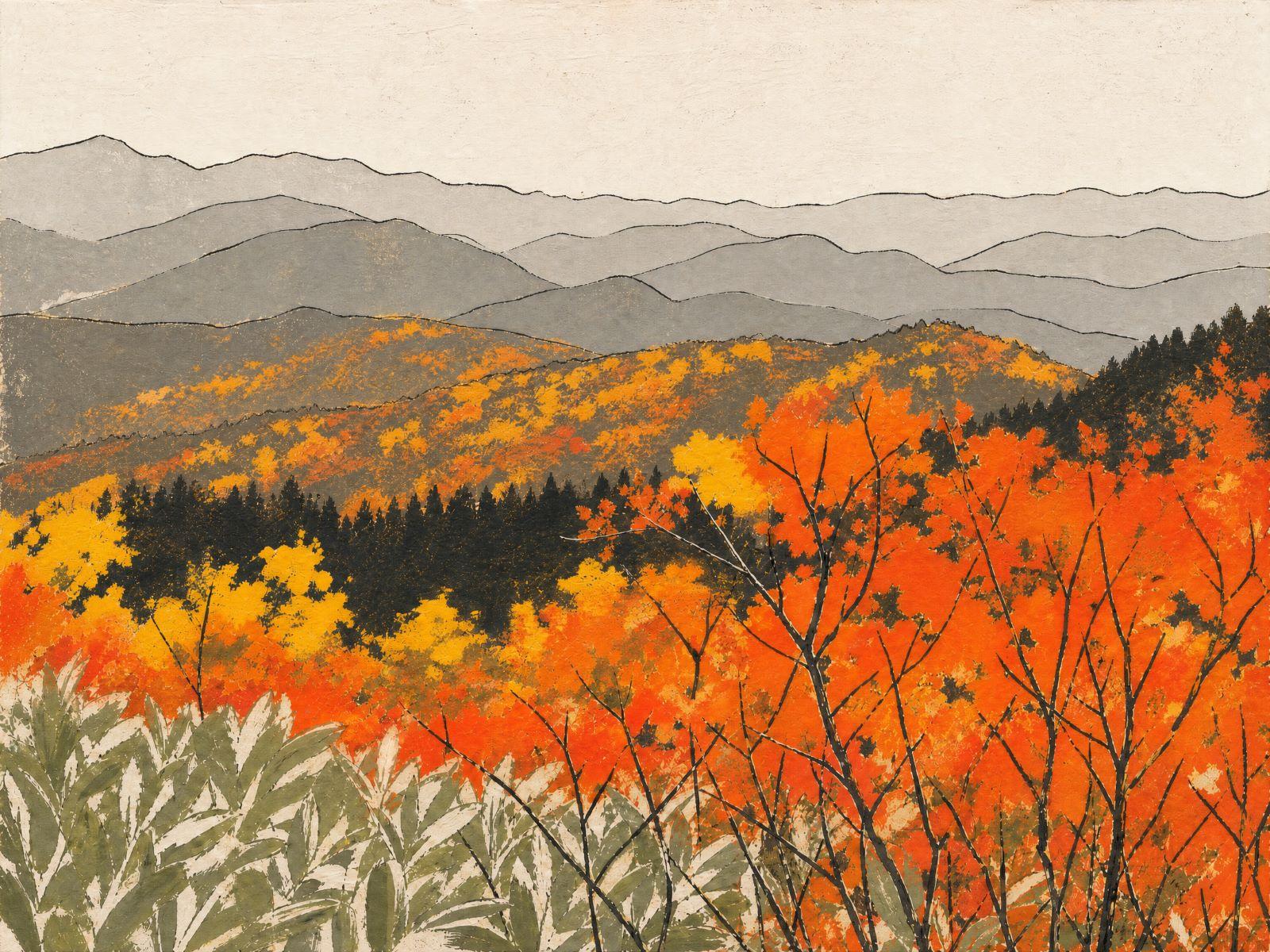 Illustration of autumn alpine mountain view at Daisetsuzan National Park
