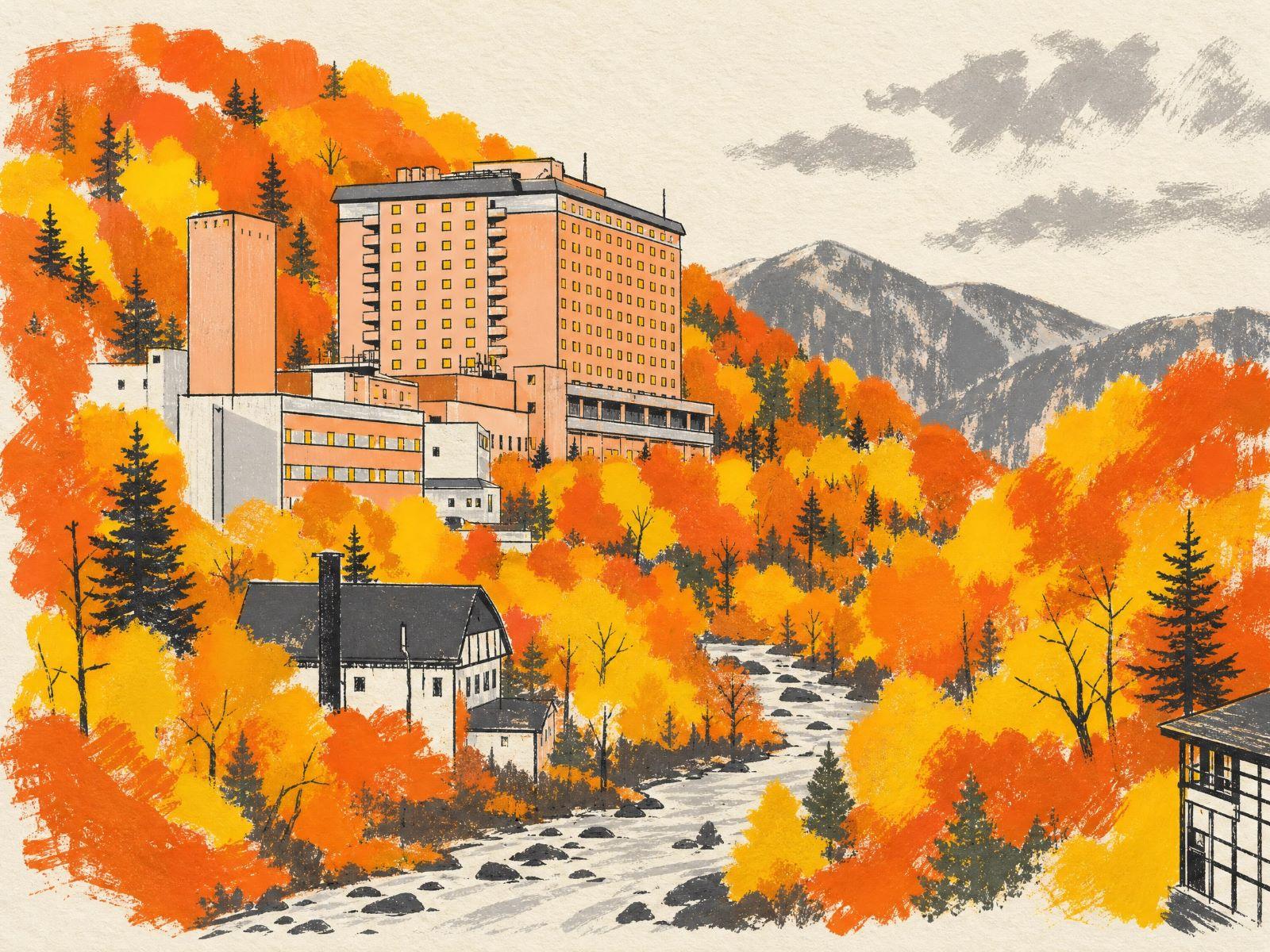 Illustration of hot spring resort town surrounded by mountain autumn foliage in Jozankei.