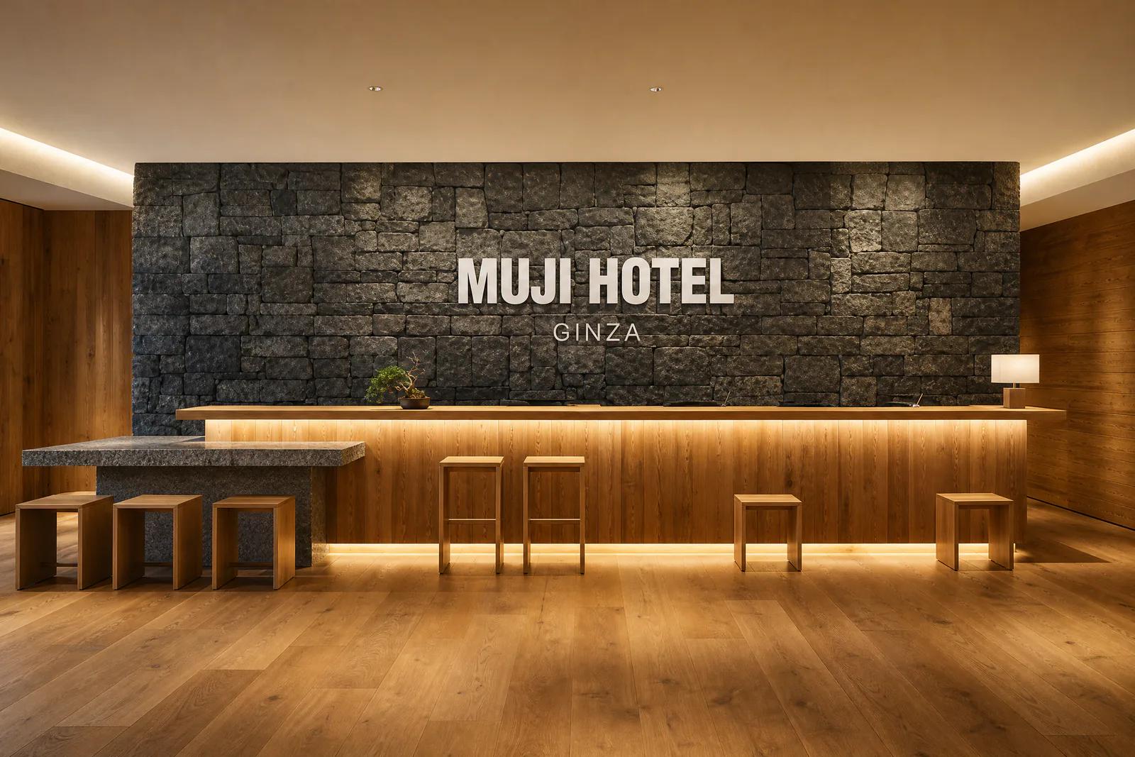 日本東京 MUJI HOTEL GINZA 內簡約的接待櫃檯及石牆特色牆面。