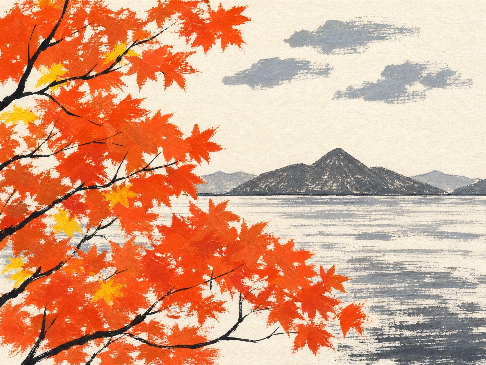 Illustration of Red autumn maple foliage over Lake Toya in Hokkaido.