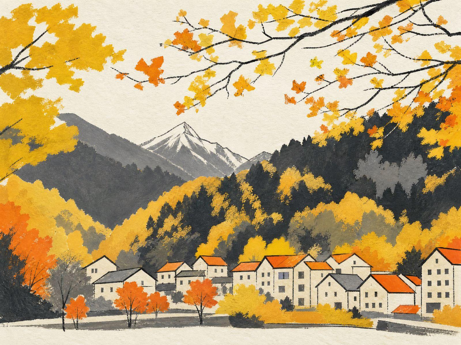 Sounkyo Gorge resort village with autumn foliage and mountain peaks.